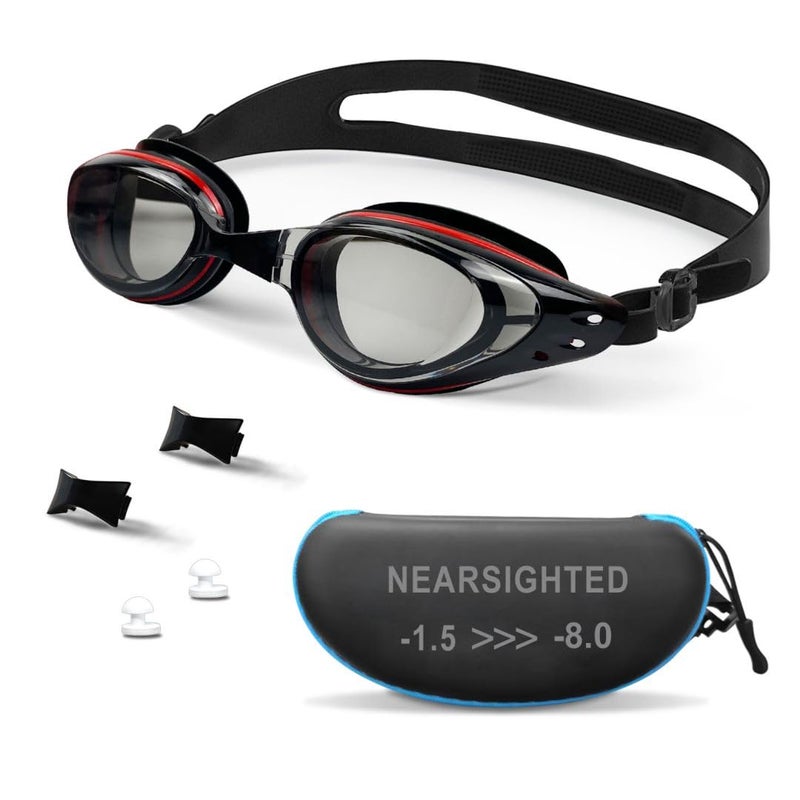 AIKOTOO Nearsighted Swim Goggles AntiFog AntiUV No Leaking For Adult Men Women Youth Black And Red 25