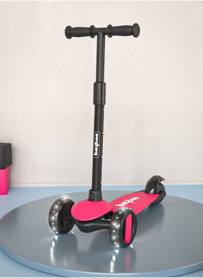 BAYBEE Alpha Skate Scooter for Kids 3 Wheel Kids Scooter with Foldable 4 Height Adjustable Handle Baby Scooter with LED PU Wheels Smart Kick Scooter for Children's 3 to 10 Years Boys Girls Pink  - Image 1