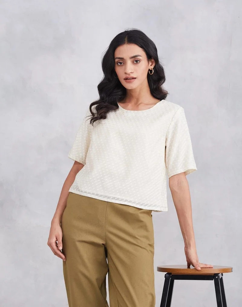 Fabindia Offwhite Cotton Silk Blend Printed Short Top