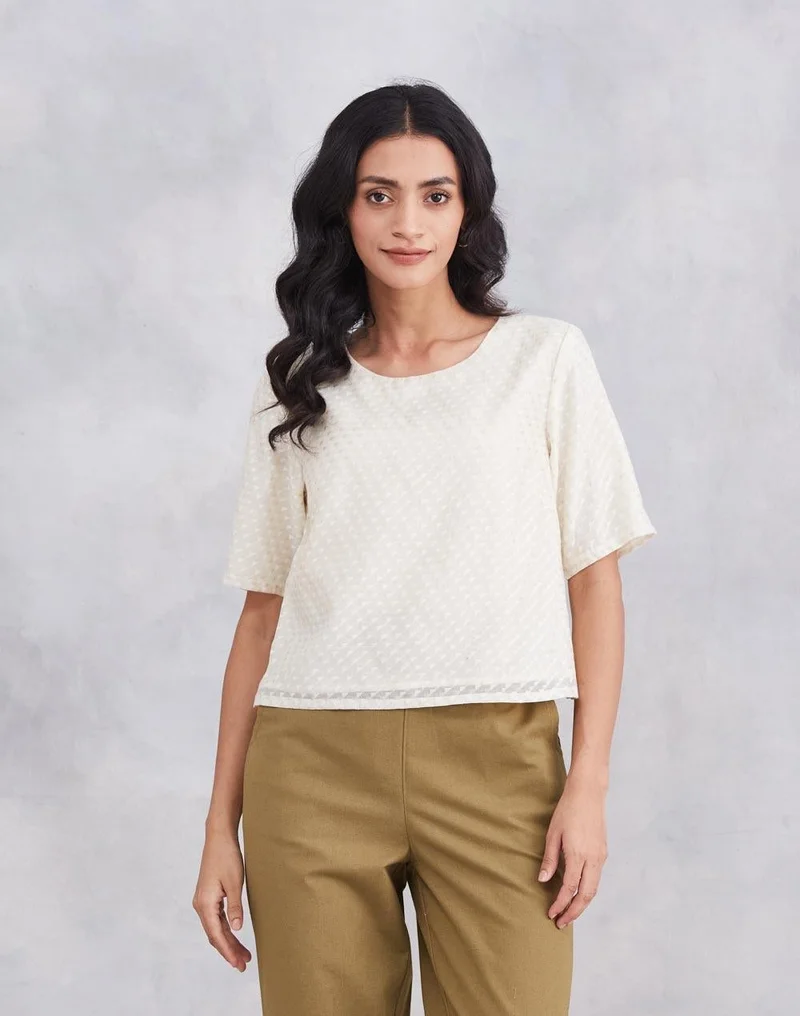 Fabindia Offwhite Cotton Silk Blend Printed Short Top