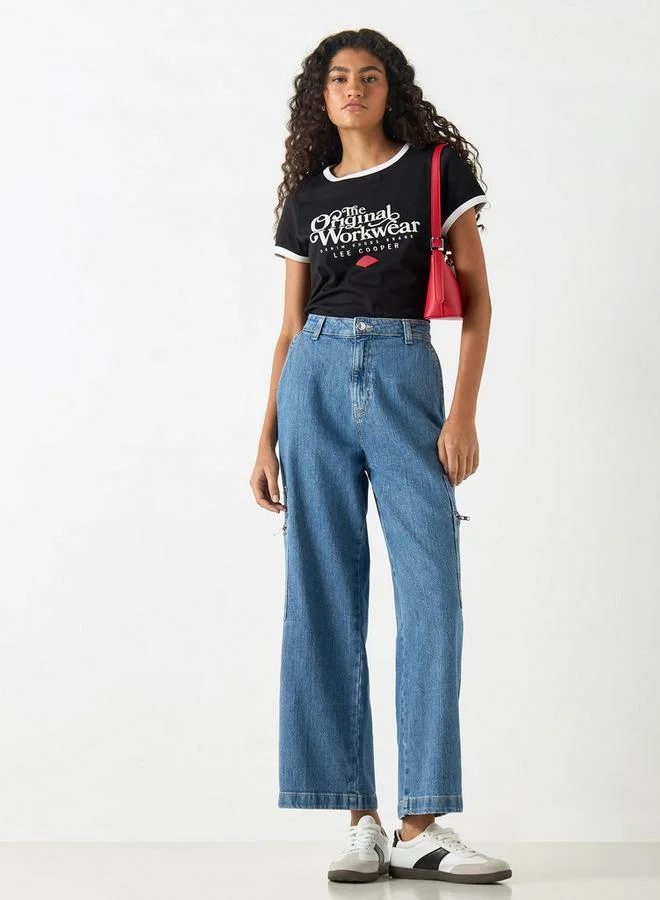 Lee Cooper Lee Cooper Typographic Print Cotton T-shirt with Crew Neck and Short Sleeves