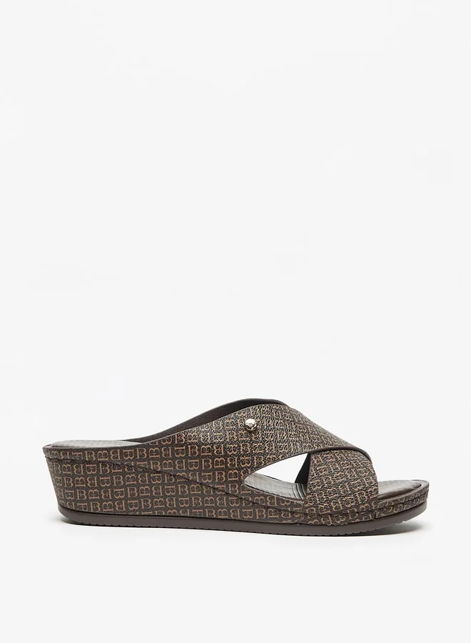 Flora Bella By Shoexpress Logo Print Cross Strap Slip On Sandals with Wedge Heels