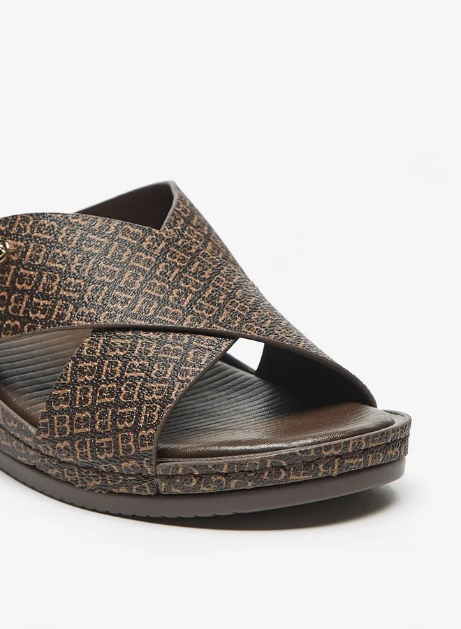 Flora Bella By Shoexpress Logo Print Cross Strap Slip On Sandals with Wedge Heels