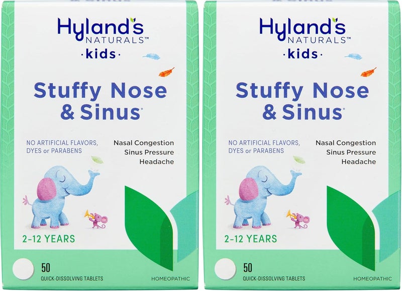 Hyland's Hylands Naturals Kids Stuffy Nose and Sinus Tablets Cold and Allergy Medicine for Children Ages 2 and up Headache Relief and Nasal Decongestant Quick Dissolving Tablets 50 Count Pack of 2 - Image 1