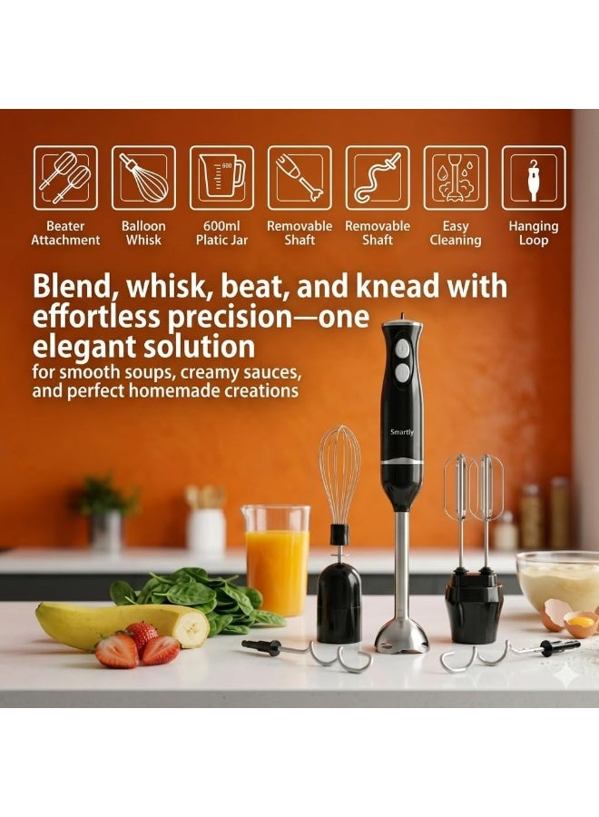 Sachi 5-in-1 Hand Blender, 200W Immersion Blender with Whisk, Beater & Dough Hook, 600ml Jar, Stainless Steel Blades, 2-Speed, Removable Shaft - Image 2