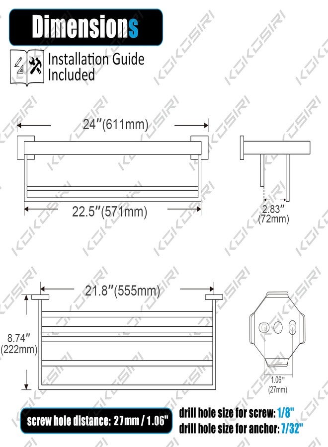 KOKOSIRI Towel Shelf Holder 24'' Bathroom Towel Rack with Two Bath Towel Bars Rails SUS304 Stainless Steel Wall Mount, Brushed Gold, B6003BG - Image 2