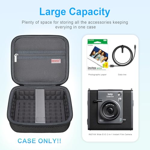 bovke حقيبة حمل BOVKE لكاميرا وطابعة فيلم فوري Fujifilm INSTAX Wide EVO 2 في 1، حقيبة تخزين كاميرا Wide EVO مع جيب شبكي لمرشحات الفيلم، الكابلات، حزم الفيلم، باللون الأسود - Image 2