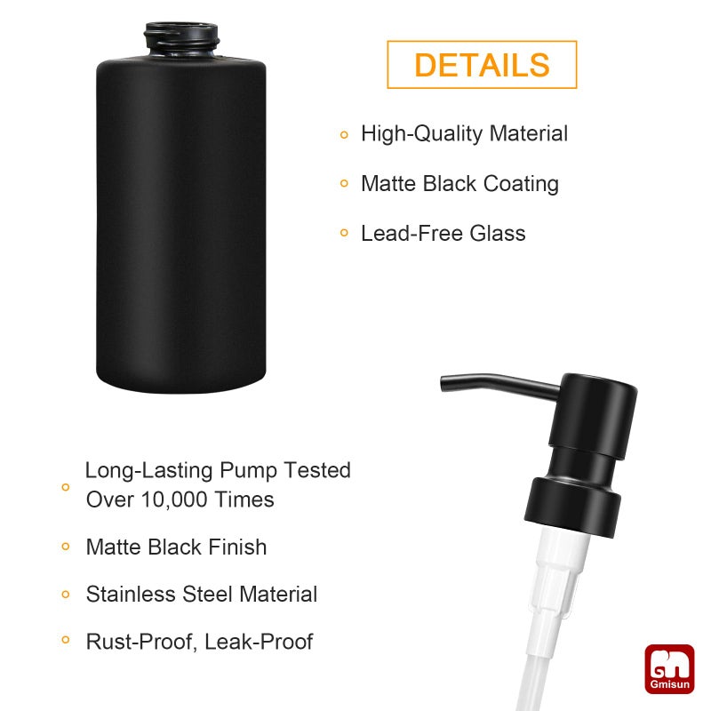 GMISUN Black Soap Dispenser, Hand Soap Dispenser for Bathroom, Dish Dispenser for Kitchen, 12 fl oz/350ml Glass Soap Bottle with Stainless Steel Pump, Modern Refillable Liquid Lotion Dispenser - Image 3