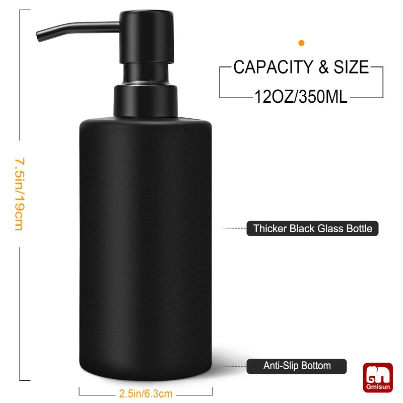 GMISUN Black Soap Dispenser, Hand Soap Dispenser for Bathroom, Dish Dispenser for Kitchen, 12 fl oz/350ml Glass Soap Bottle with Stainless Steel Pump, Modern Refillable Liquid Lotion Dispenser - Image 2