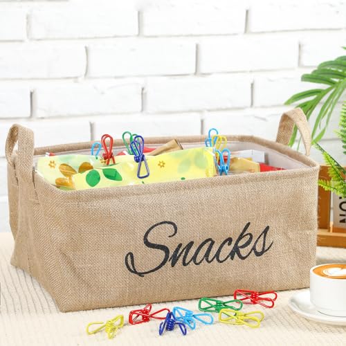 Newtay 17 Pcs Snack Basket Sets, Snack Storage Bin for Pantry Shelves with 16 Pcs 2 Inch Chip Clips, Basket Organizer for Kitchen Home, Chips, Popcorn, Candy, Pretzels(Burlap,Khaki) - Image 3