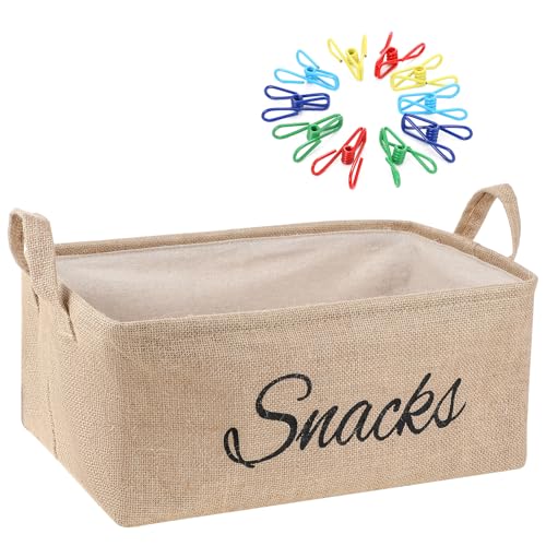 Newtay 17 Pcs Snack Basket Sets, Snack Storage Bin for Pantry Shelves with 16 Pcs 2 Inch Chip Clips, Basket Organizer for Kitchen Home, Chips, Popcorn, Candy, Pretzels(Burlap,Khaki) - Image 1
