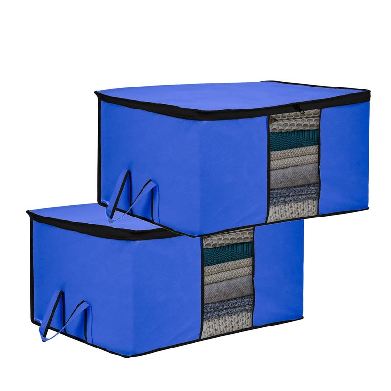 Kuber Industries Underbed Storage Bag Clothes Storage Bag Blanket Cover with Clear Window Zipper Closure Handle Cloth Organizer Plain Black Border Large Pack of 2 Blue - Image 1