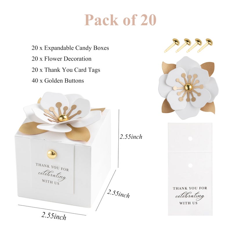 FEIYI 20 PCS Candy Boxes, 3 In 1 White Favor Boxes With Floral Decor, White Thank You Tags Gift Wrapping For Wedding Birthday Baby Shower Decorations Party -2.55x2.55x2.55'' - Image 2