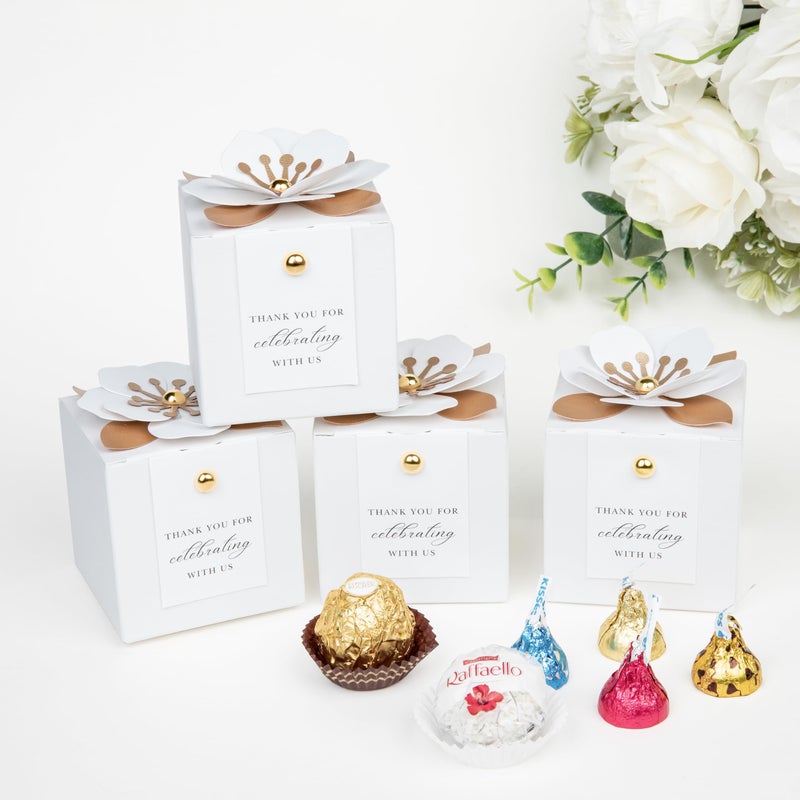 FEIYI 20 PCS Candy Boxes, 3 In 1 White Favor Boxes With Floral Decor, White Thank You Tags Gift Wrapping For Wedding Birthday Baby Shower Decorations Party -2.55x2.55x2.55'' - Image 4
