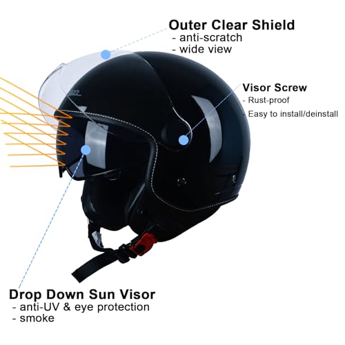 BEON Open Face Motorcycle Helmet for Adults DOT Approved34 Retro Vespa Helmet Dual Visors Mens and Womens Motorbike Casco for Moped Cruiser Bobber and ChopperXLGlossy Metallic Black - Image 3