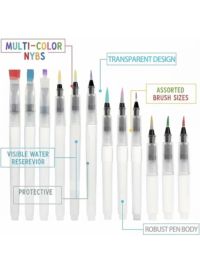 Pack of 12 Refillable Watercolour Brush Pens with Large Water Tank, Ideal for Watercolour Paints, Mixing, and Sketching,Perfect for Artists, Students, and Beginners Using Water Brush Pens - Image 2
