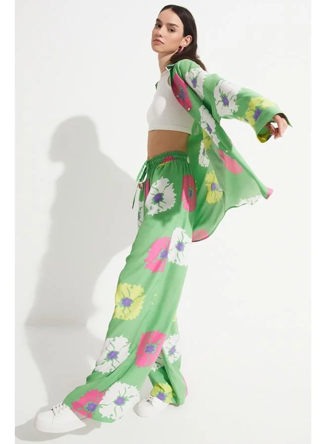 JUNE June Exclusive Flower Detailed Viscose Shirt Green