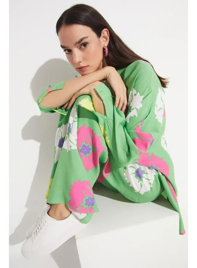 JUNE June Exclusive Flower Detailed Viscose Shirt Green
