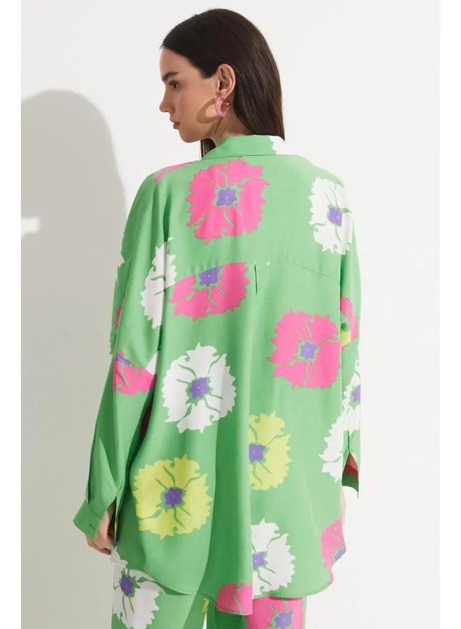 JUNE June Exclusive Flower Detailed Viscose Shirt Green