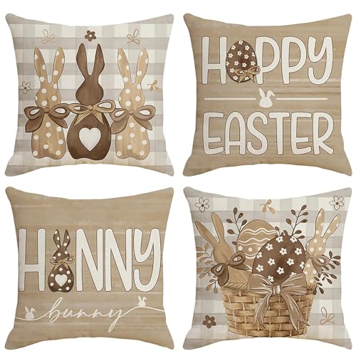Ni-JASW Brown Happy Easter Throw Pillow Covers 18 x 18 Inch Set of 4, Buffalo Plaid Bunny Eggs Basket Cushion Case for Sofa Couch - Image 1