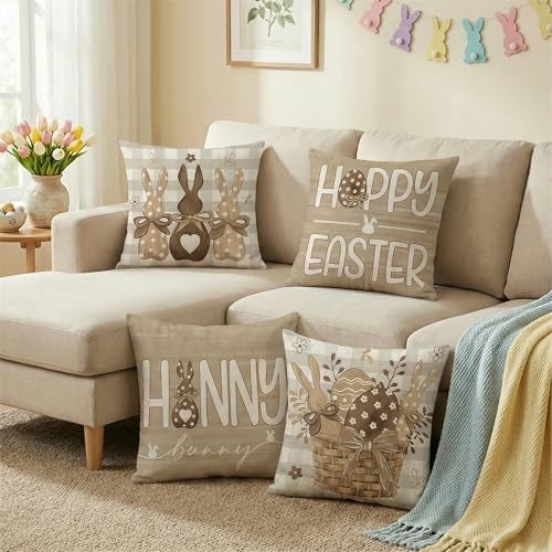 Ni-JASW Brown Happy Easter Throw Pillow Covers 18 x 18 Inch Set of 4, Buffalo Plaid Bunny Eggs Basket Cushion Case for Sofa Couch - Image 2