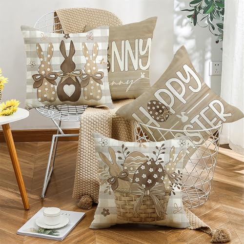 Ni-JASW Brown Happy Easter Throw Pillow Covers 18 x 18 Inch Set of 4, Buffalo Plaid Bunny Eggs Basket Cushion Case for Sofa Couch - Image 3
