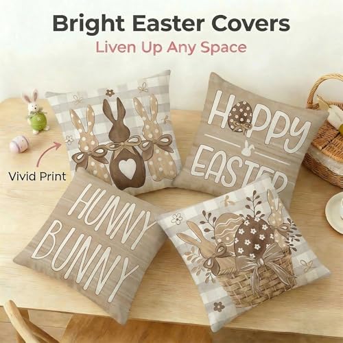 Ni-JASW Brown Happy Easter Throw Pillow Covers 18 x 18 Inch Set of 4, Buffalo Plaid Bunny Eggs Basket Cushion Case for Sofa Couch - Image 5