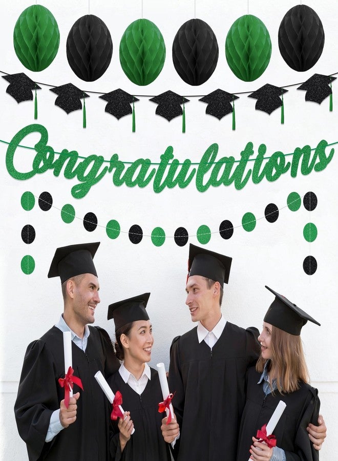 TMTECHJS Congratulations Decorations Pre-Strung Congratulations Banner with Star Circle Dots Garland Grad Cap Banner Honeycomb Balls Cake Topper Pre-Assembled Decorations for Graduation Party Supplies Green Glitter - Image 4