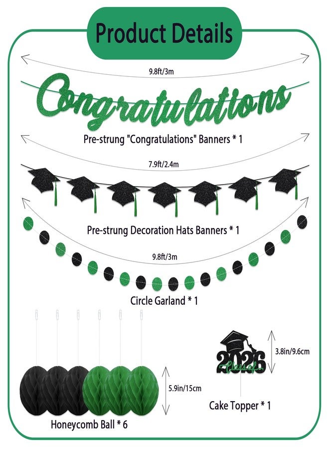 TMTECHJS Congratulations Decorations Pre-Strung Congratulations Banner with Star Circle Dots Garland Grad Cap Banner Honeycomb Balls Cake Topper Pre-Assembled Decorations for Graduation Party Supplies Green Glitter - Image 2