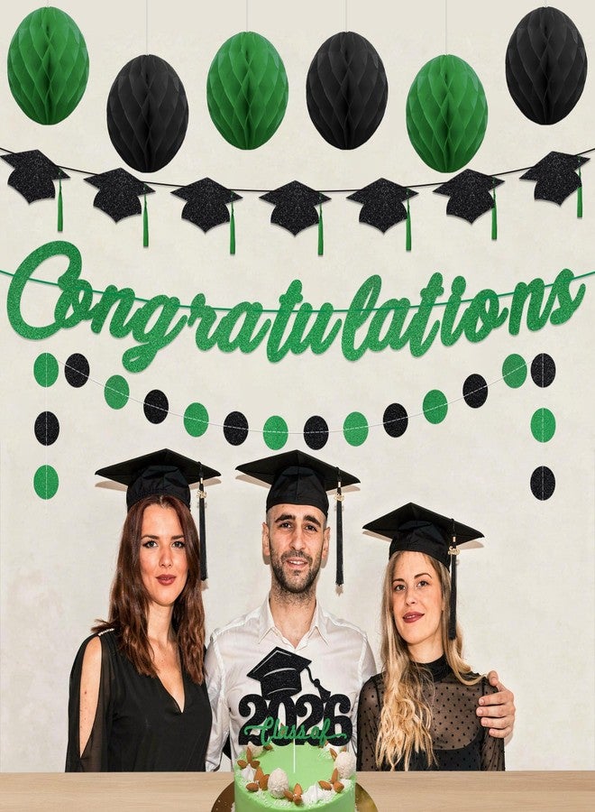 TMTECHJS Congratulations Decorations Pre-Strung Congratulations Banner with Star Circle Dots Garland Grad Cap Banner Honeycomb Balls Cake Topper Pre-Assembled Decorations for Graduation Party Supplies Green Glitter - Image 3