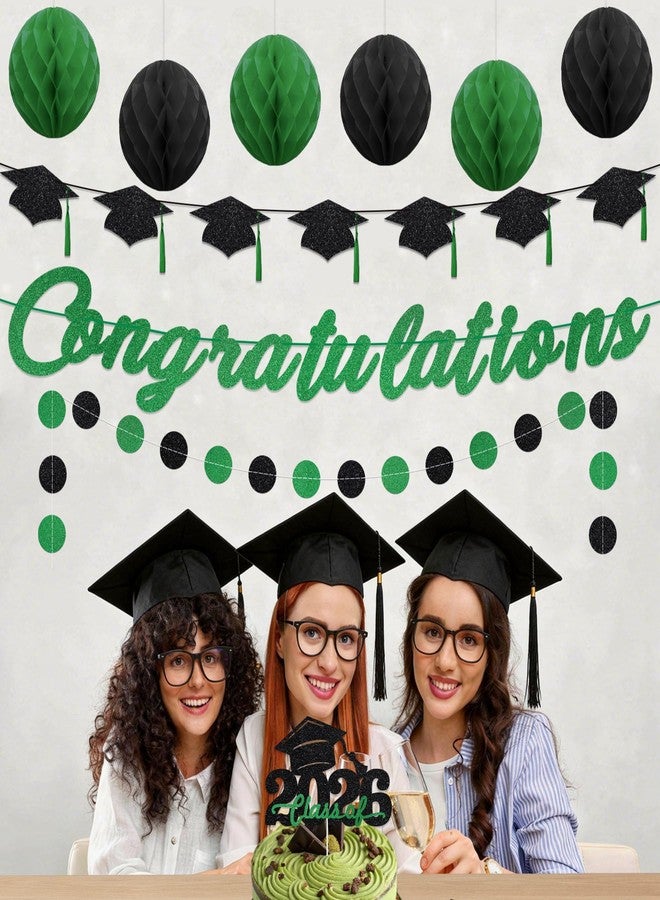 TMTECHJS Congratulations Decorations Pre-Strung Congratulations Banner with Star Circle Dots Garland Grad Cap Banner Honeycomb Balls Cake Topper Pre-Assembled Decorations for Graduation Party Supplies Green Glitter - Image 5