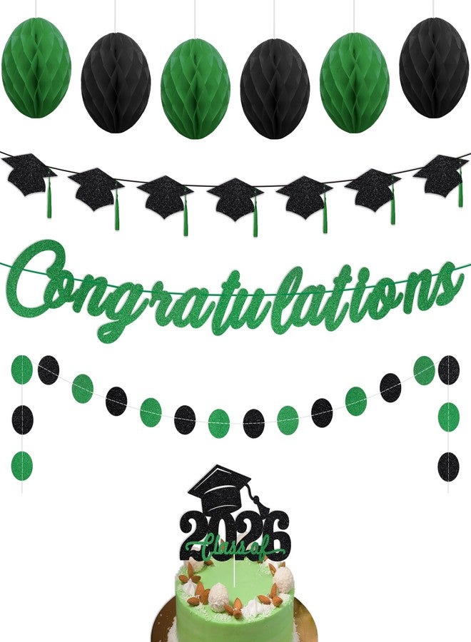 TMTECHJS Congratulations Decorations Pre-Strung Congratulations Banner with Star Circle Dots Garland Grad Cap Banner Honeycomb Balls Cake Topper Pre-Assembled Decorations for Graduation Party Supplies Green Glitter - Image 1
