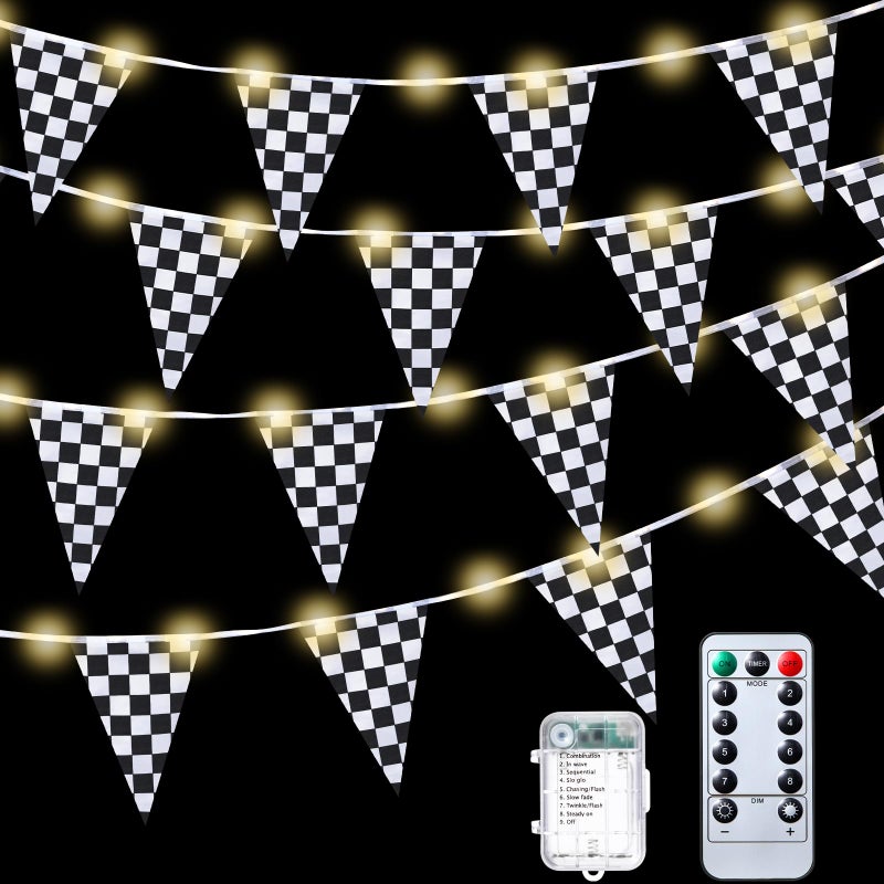 Aurelema Light up Black and White Checkered Flag Banner 328 ft Racing Flags Plastic Race Checkered Pennant Banner with 8 Light Modes for Race Themed Party Decorations Supplies