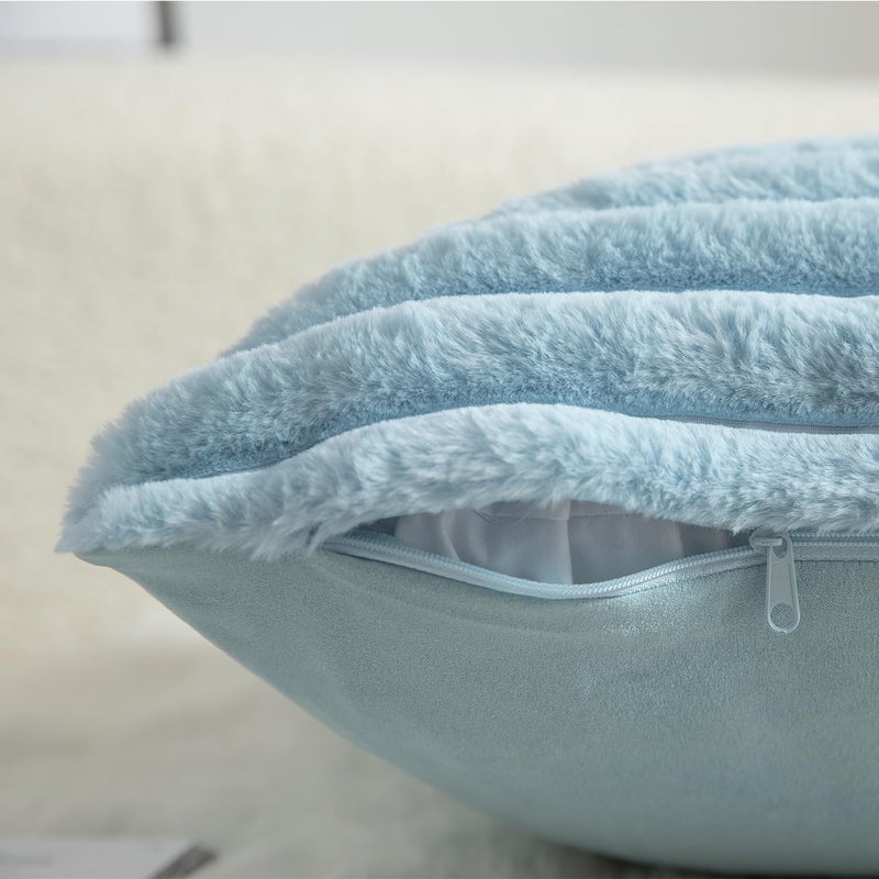 MANDIOO Pack of 2 Decorative Throw Pillow Covers Faux Fur Striped Plush Soft Cushion Covers Pillow Cases Bedroom Living Room Sofa Home 16x16 Inch Light Blue - Image 3