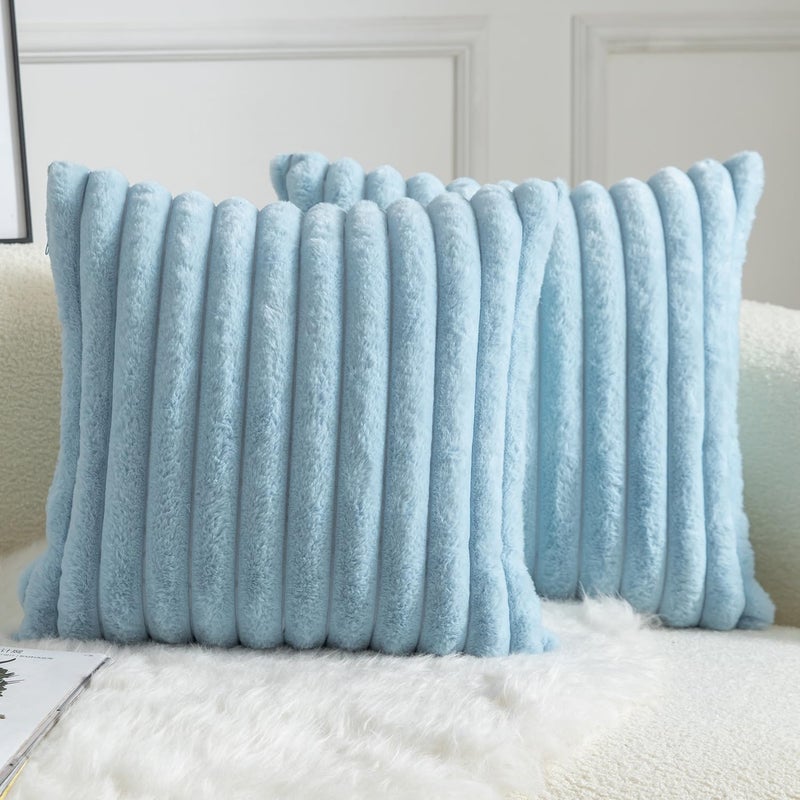 MANDIOO Pack of 2 Decorative Throw Pillow Covers Faux Fur Striped Plush Soft Cushion Covers Pillow Cases Bedroom Living Room Sofa Home 16x16 Inch Light Blue - Image 1