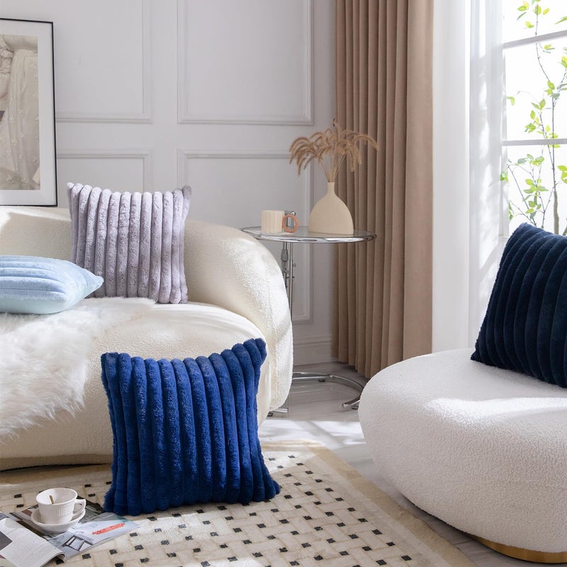 MANDIOO Pack of 2 Decorative Throw Pillow Covers Faux Fur Striped Plush Soft Cushion Covers Pillow Cases Bedroom Living Room Sofa Home 16x16 Inch Light Blue - Image 5