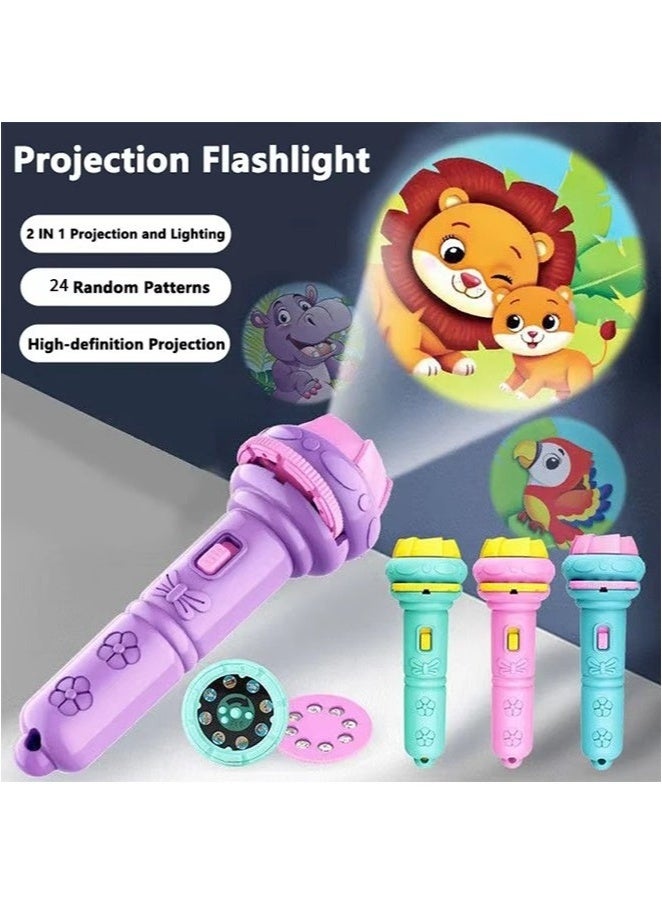 Cartoon children's projection flashlight,24 Patterns 3 Cards Flash Bedtime Light, Early Educational Toys for Kids (Purple) - Image 1