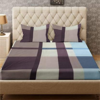 TIB 130 GSM Checkered Polycotton Cotton Feel Elastic Fitted Single Size Bedsheet with 1 Pillow Covers -Geometric, Multicolor | 130 TC | Best Suitable for 4-8 inch Mattress - Image 1