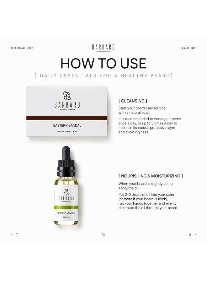 BARBARO Beard Care Gift Set for Men – 2-in-1 Beard Grooming Kit with Beard Soap 90g & Beard Oil 30ml, Softens & Conditions, Vetiver Ginger Bergamot Scent, No Silicones or Parabens, Kraft Gift Box - Image 4