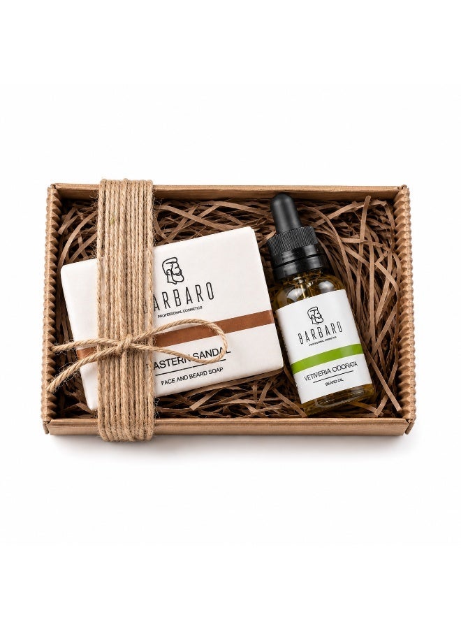 BARBARO Beard Care Gift Set for Men – 2-in-1 Beard Grooming Kit with Beard Soap 90g & Beard Oil 30ml, Softens & Conditions, Vetiver Ginger Bergamot Scent, No Silicones or Parabens, Kraft Gift Box - Image 1