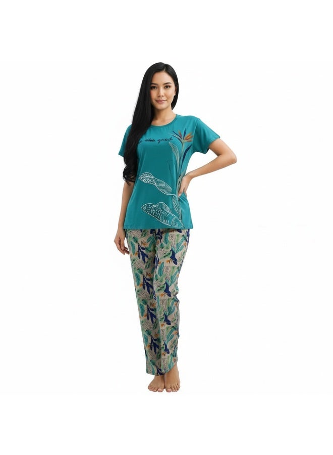 جوانا طقم بيجاما نسائي مع قميص وبنطال بطبعة "انظري إلى الجيد"، أخضر - Image 4