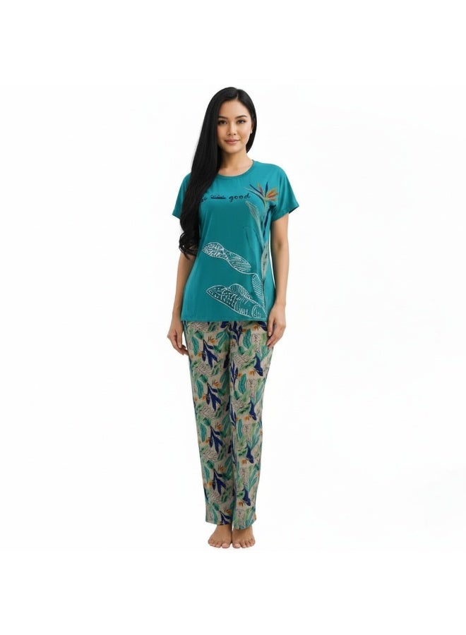 جوانا طقم بيجاما نسائي مع قميص وبنطال بطبعة "انظري إلى الجيد"، أخضر - Image 1