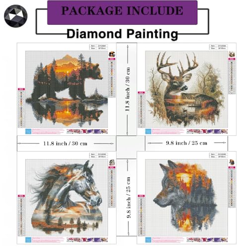 Paintcolor 4 Pack Diamond Art Painting Kits for Adults,5d Forest Animals Full Drill Bear Horse Paint with Diamonds for Beginners Kids Crystal DIY Diamond Dots Wolf Deer Gem Art Crafts Kits(11.8x11.8in) - Image 2