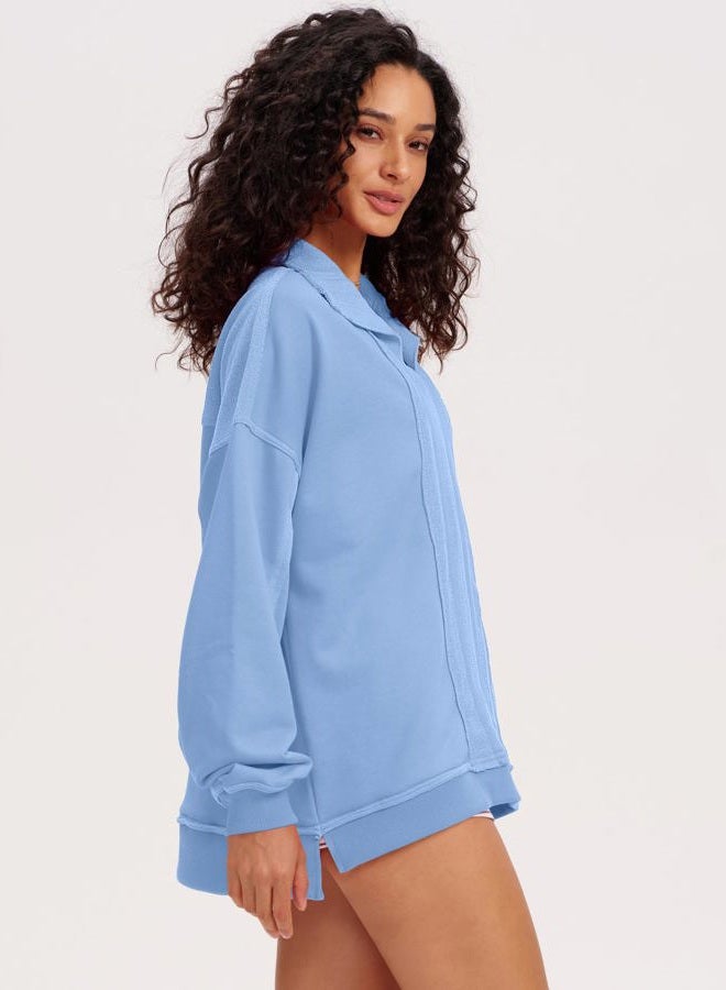 Locachy Women's Casual Oversized Sweatshirt V Neck Long Sleeve Pullover Tops Fashion Outfits Clothes, Blue, M - Image 5