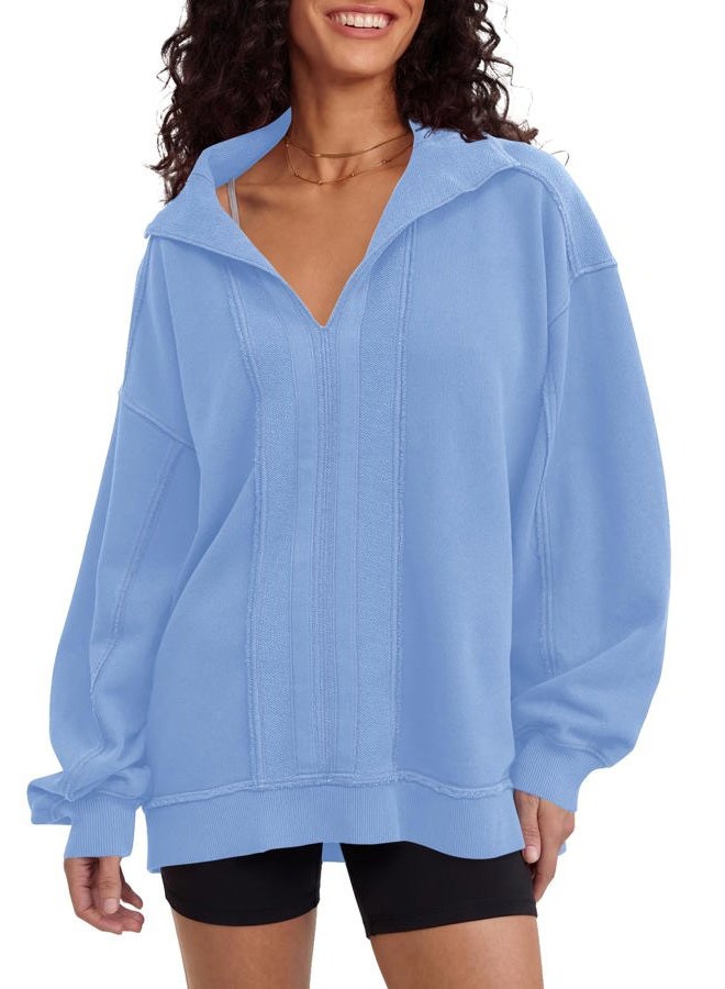 Locachy Women's Casual Oversized Sweatshirt V Neck Long Sleeve Pullover Tops Fashion Outfits Clothes, Blue, M - Image 1