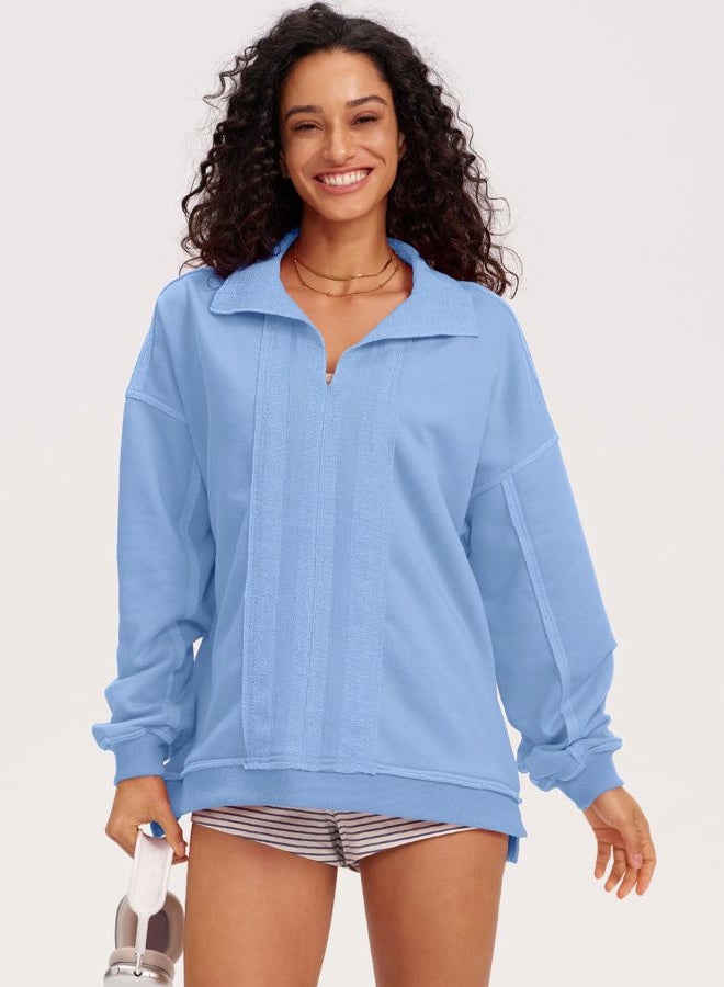Locachy Women's Casual Oversized Sweatshirt V Neck Long Sleeve Pullover Tops Fashion Outfits Clothes, Blue, M - Image 3