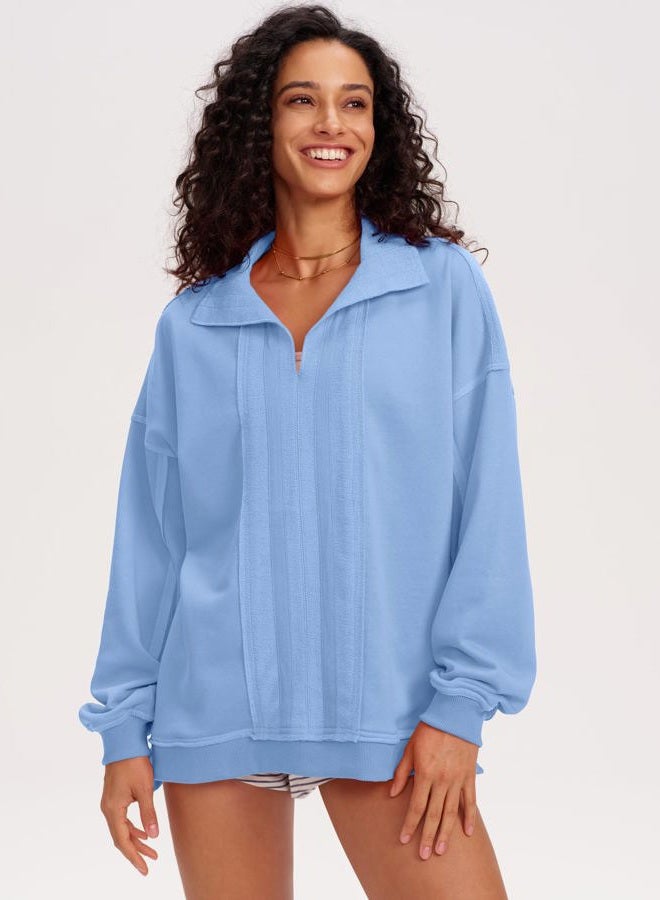 Locachy Women's Casual Oversized Sweatshirt V Neck Long Sleeve Pullover Tops Fashion Outfits Clothes, Blue, M - Image 2