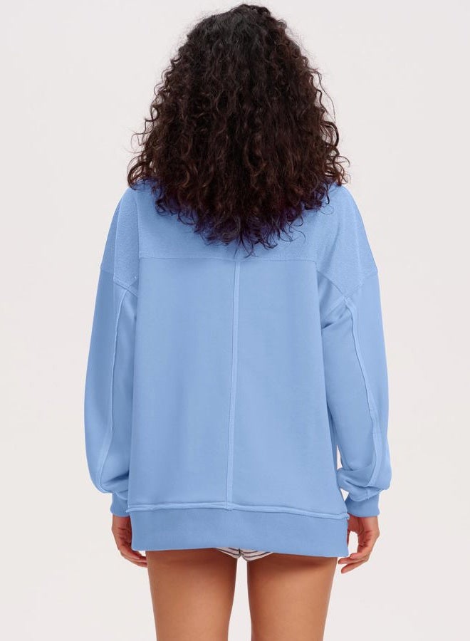 Locachy Women's Casual Oversized Sweatshirt V Neck Long Sleeve Pullover Tops Fashion Outfits Clothes, Blue, M - Image 4