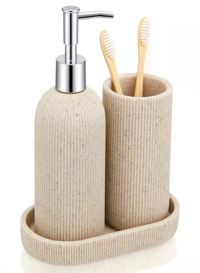Yiyiring 3 Pcs Toothbrush Holder, Soap Dispenser and Toothbrush Holder, Stripes Decorative Tray Set, Vanity Tray for Bathroom, Frosted Farmhouse Decor - Image 1