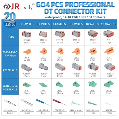 JRready طقم موصلات دويتش JRready 604PCS DT، موصلات DT رمادية 2 3 4 6 8 12 دبوس، حجم 16 جهات اتصال مطبوعة مصنوعة (14-18AWG)، طقم موصل دويتش ST6315 - Image 2